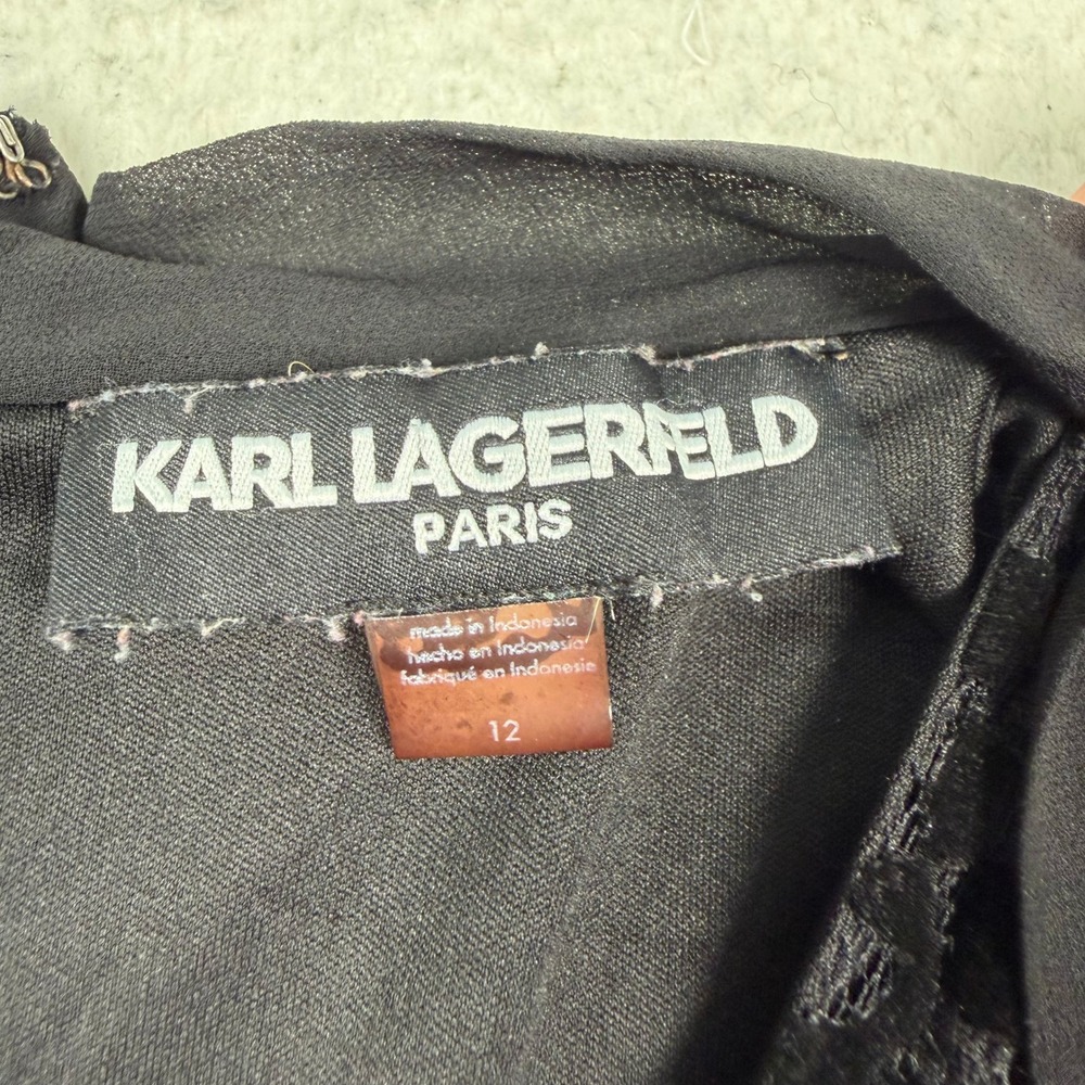 Karl Lagerfeld Paris Velvet Burnout Shift Dress Sz 12 Black Tie Neck Sleeveless - Picture 4 of 11